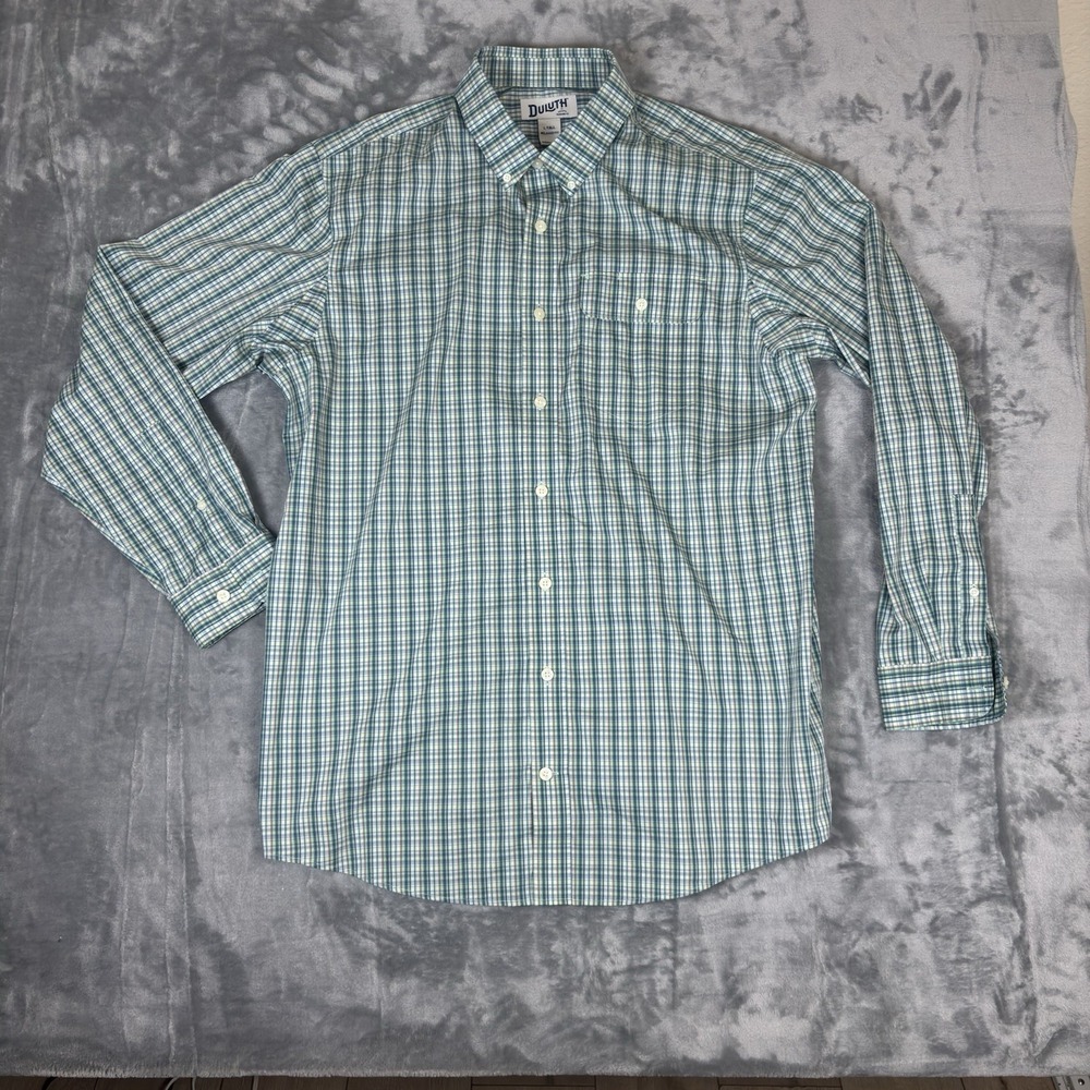 Duluth Trading Button Up Shirt Mens LT Woven Stretch Plaid Green Smart Casual